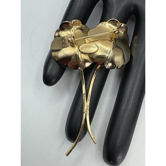 vintage GIOVANNI Scalloped Double Leaf PIN BROOCH Golden Signed - Picture 2 of 5